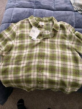 BDG Olive and Cream Plaid Button-Front Shirt